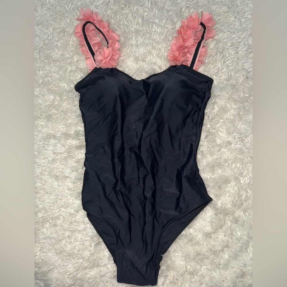 Black Women’s One Piece Swimsuit with Pink Floral Straps
